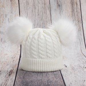 Girls White hat with Pompons on top